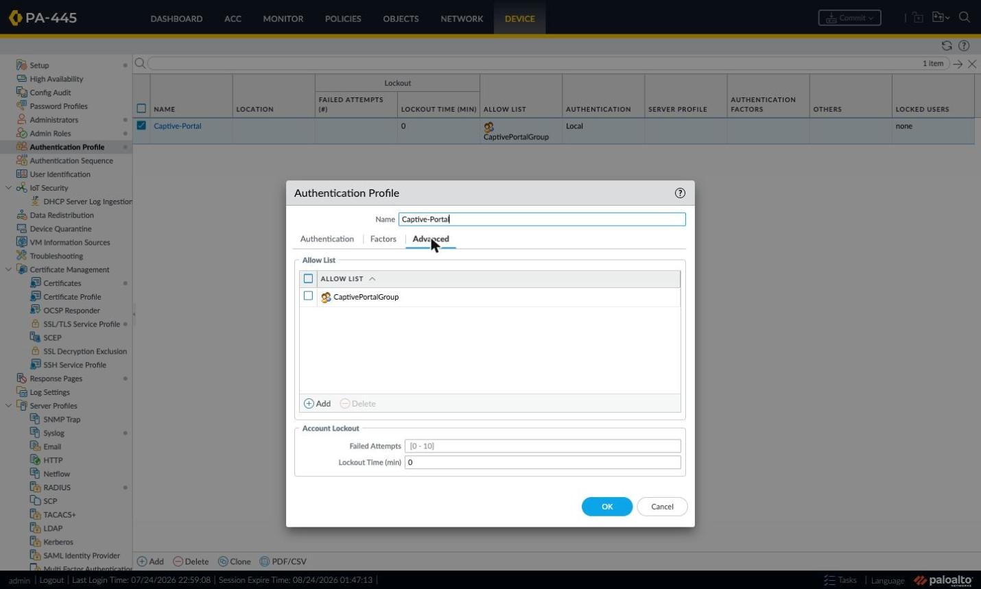 Advanced tab with Allow List