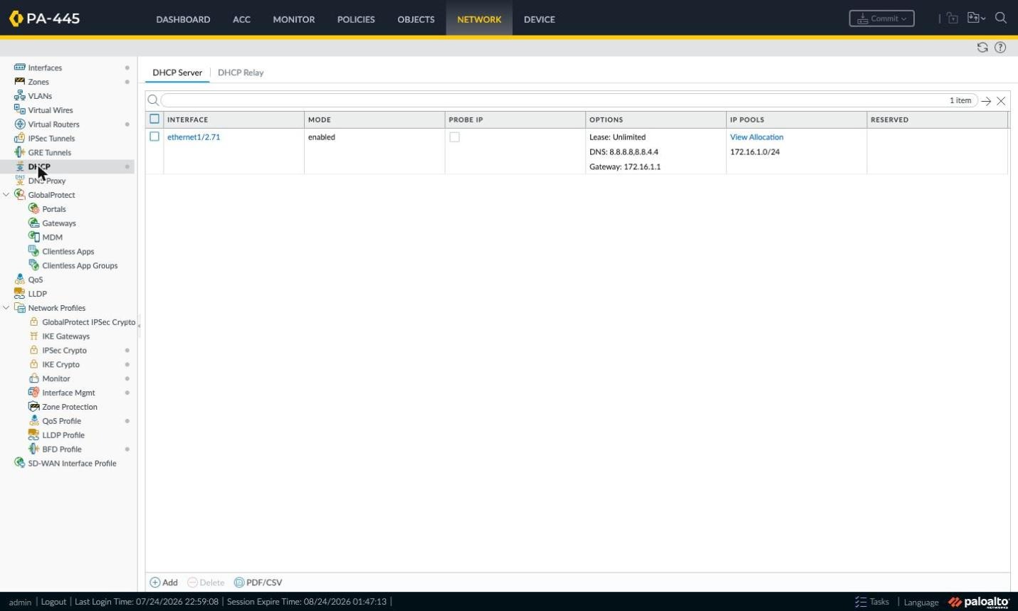 Network > DHCP server list