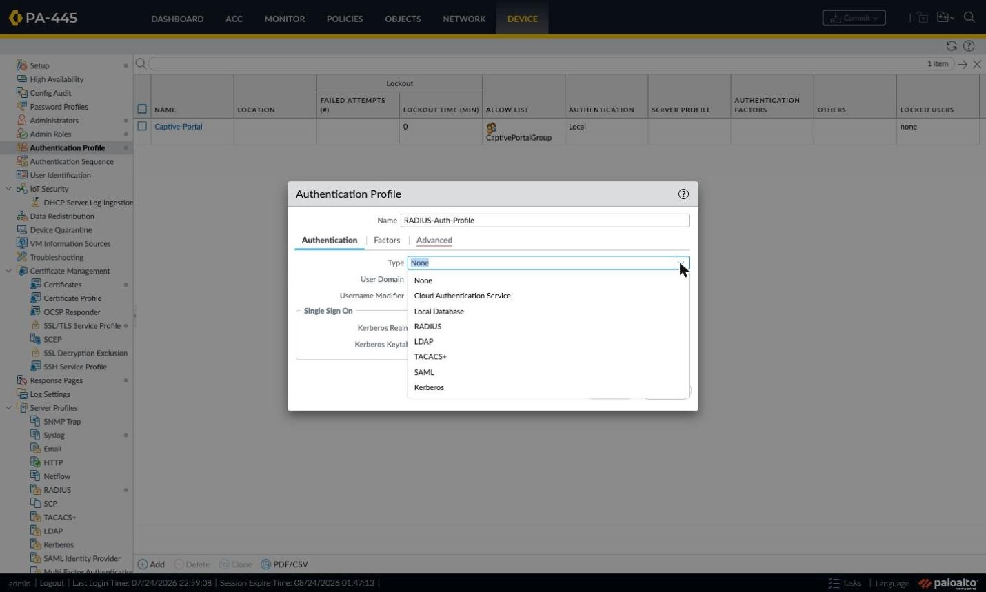 Authentication Profile Type options