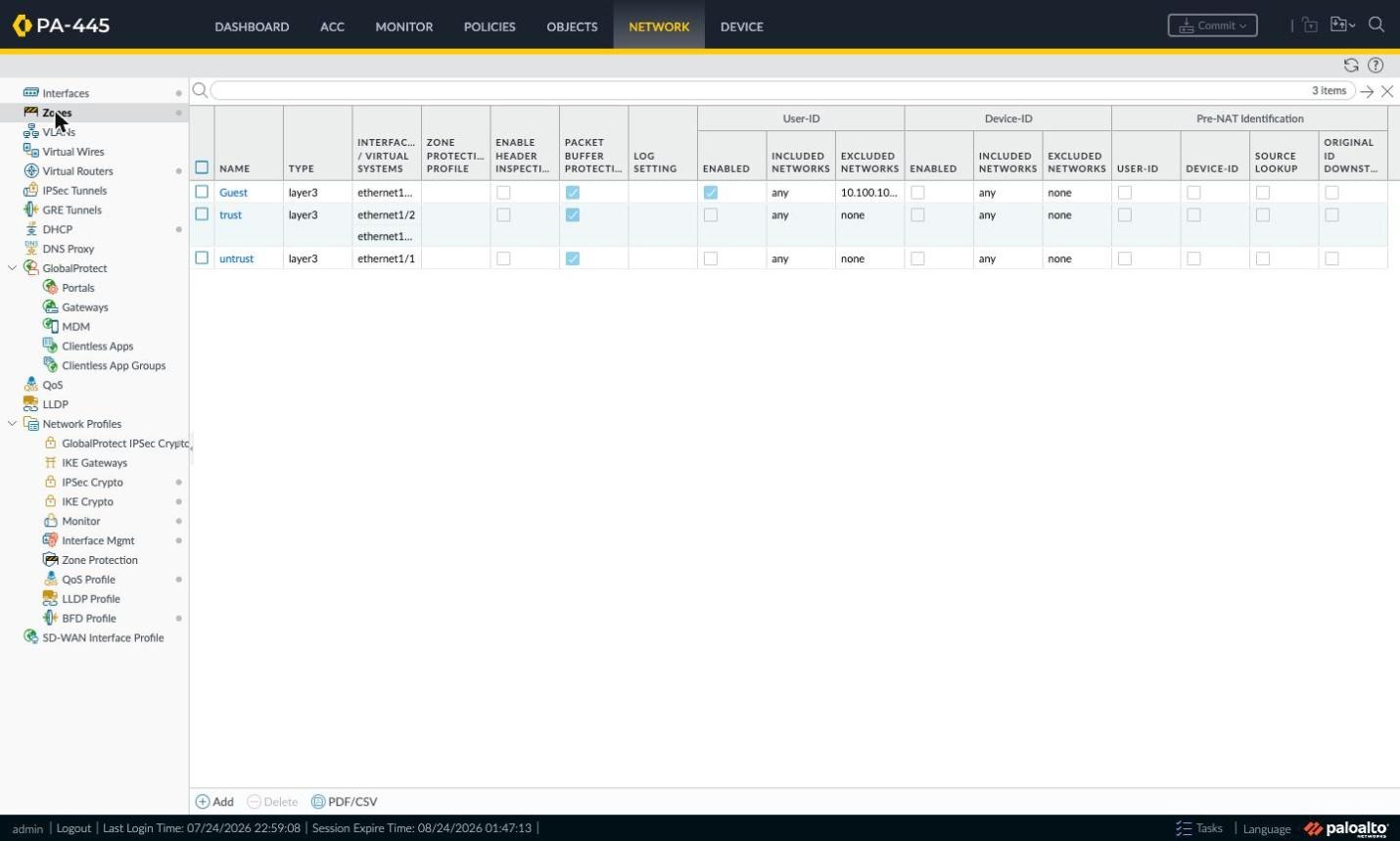 Network > Zones with User Identification enabled on the guest zone