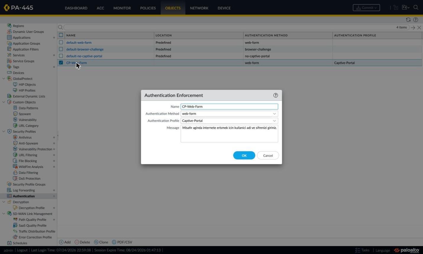 Creating the Authentication Enforcement object