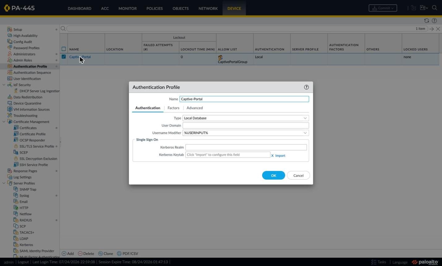 Authentication Profile for the captive portal (Local Database example)
