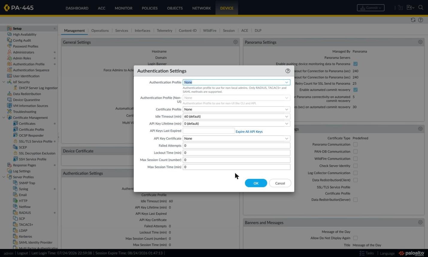 Authentication Settings window with the API Key Lifetime field