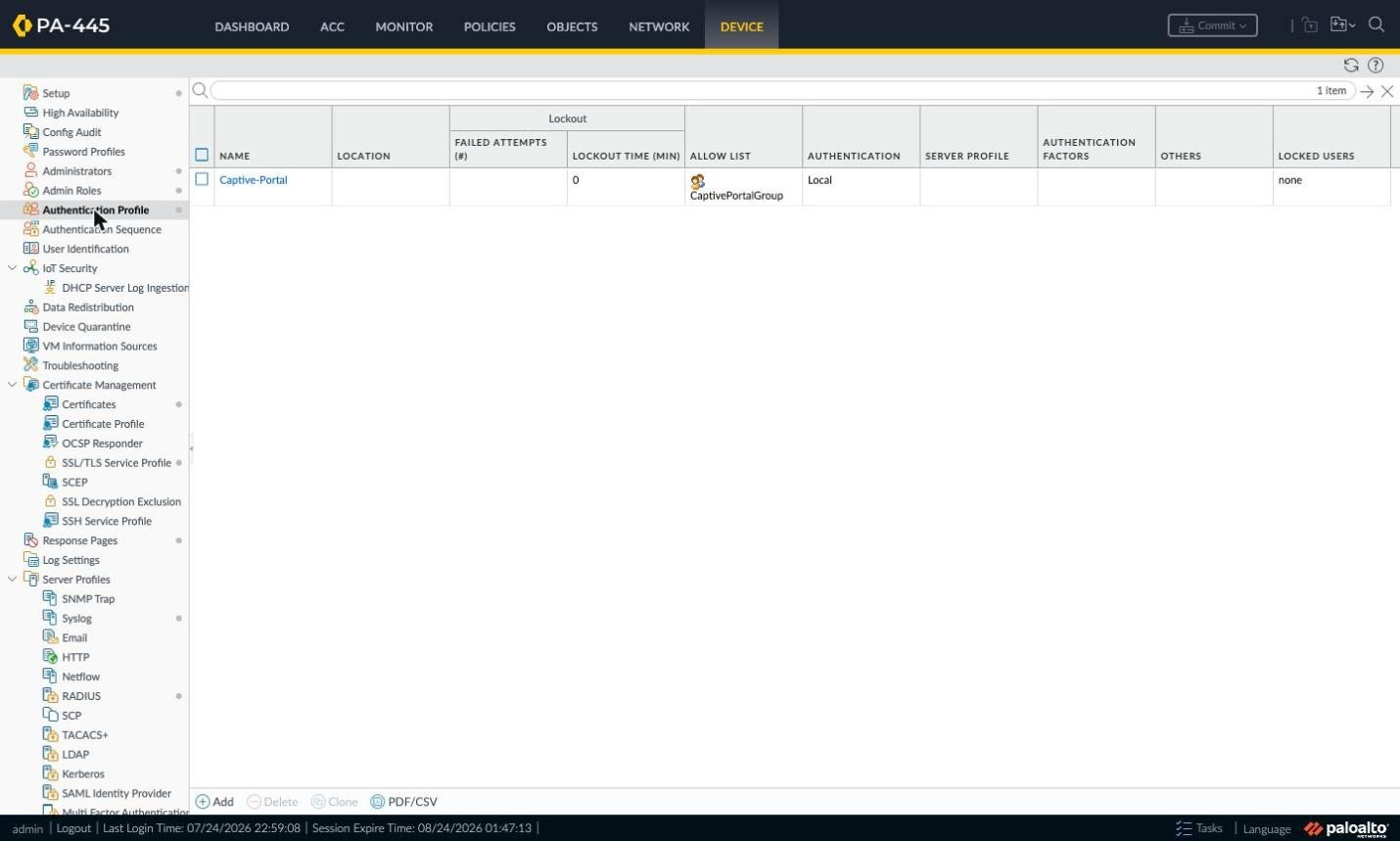 Device > Authentication Profile list