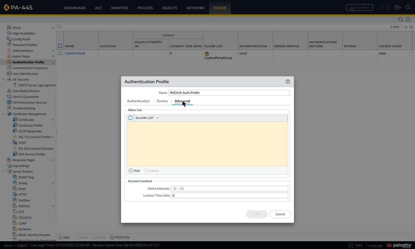 Authentication Profile Advanced tab