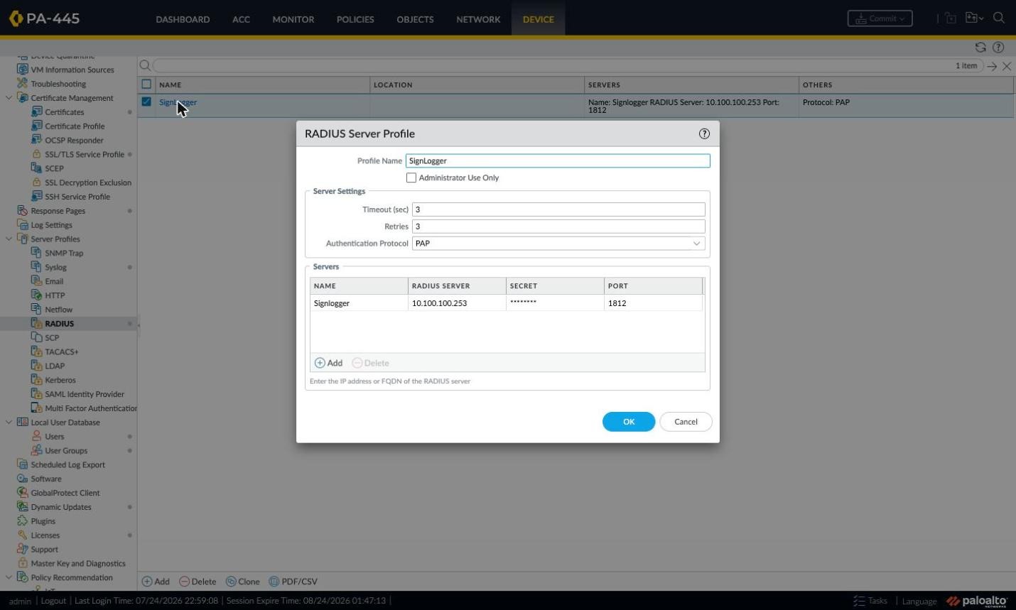RADIUS Server Profile window with server definition