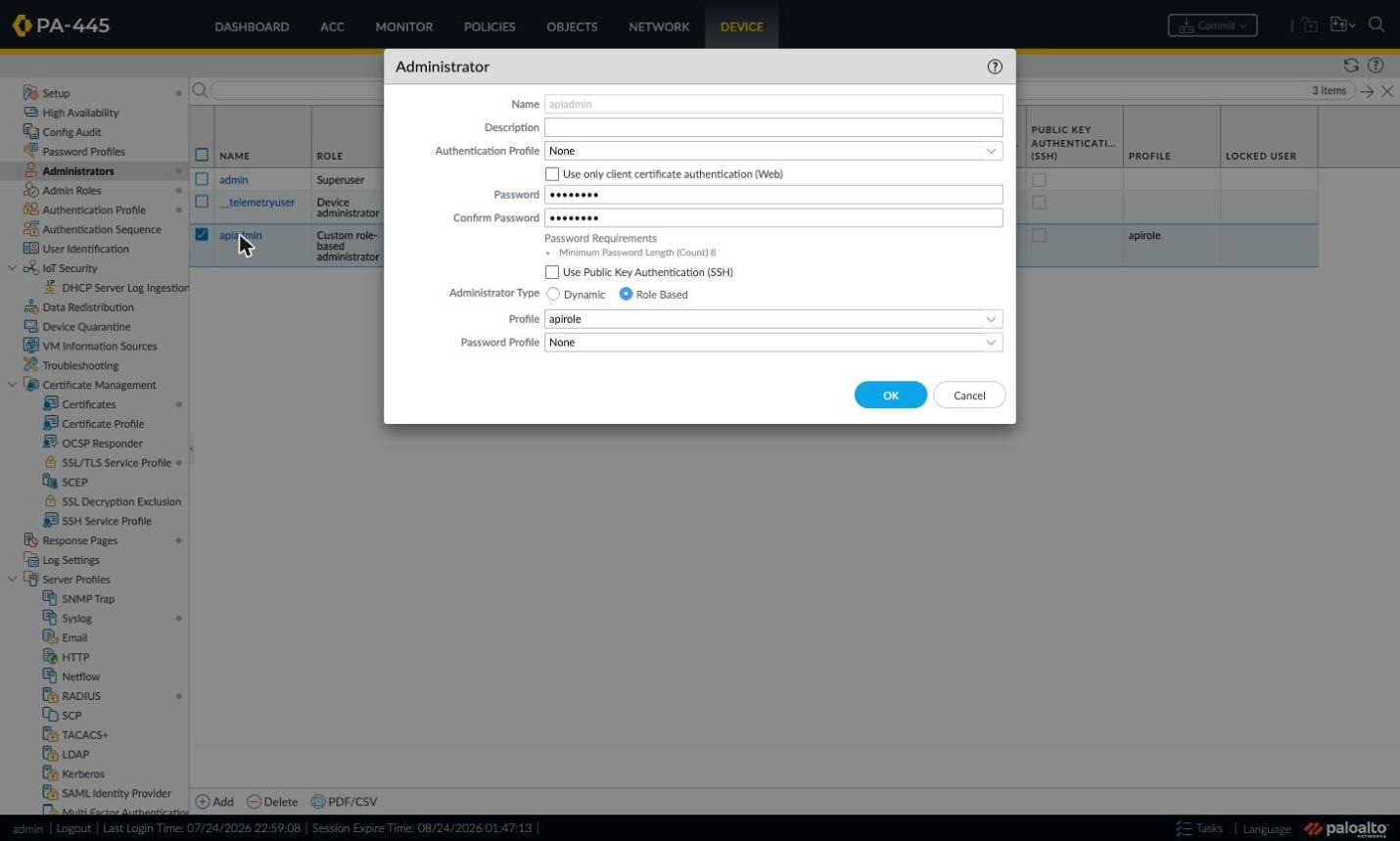 Administrator window: Role Based type with the apirole profile