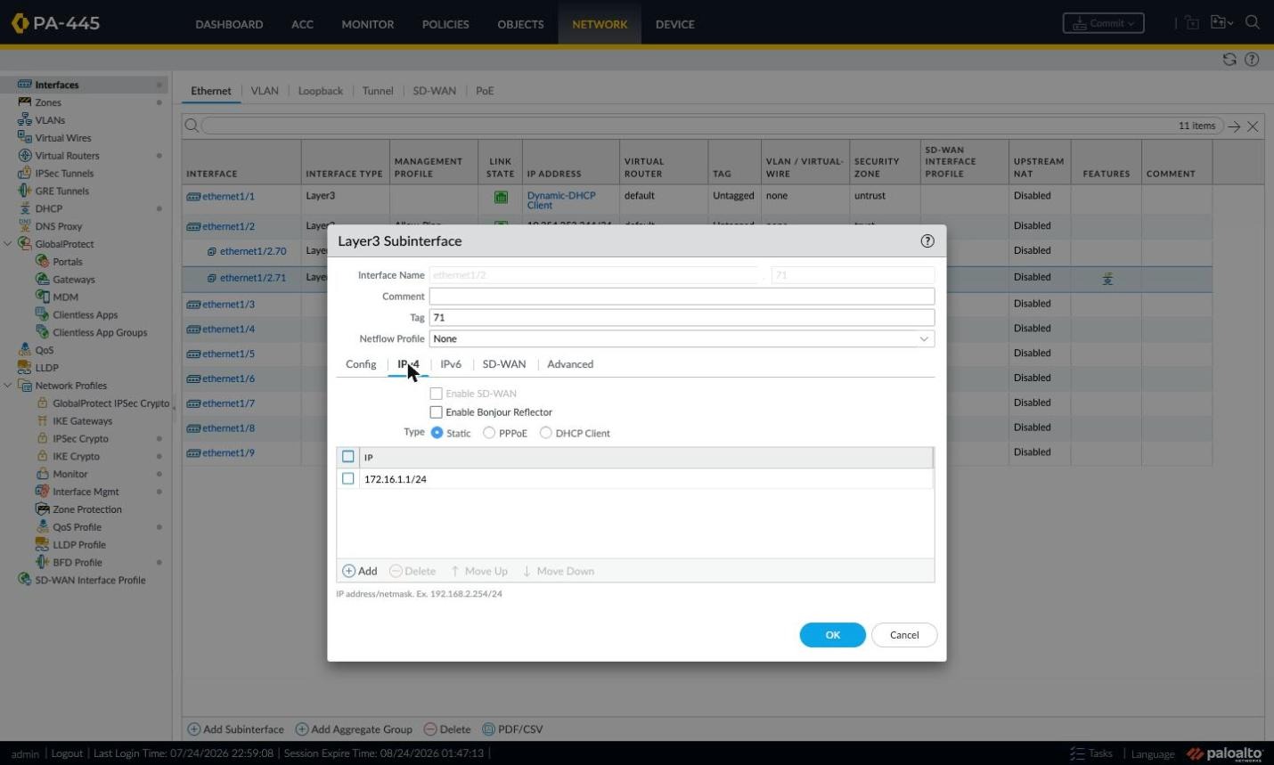 Layer3 Subinterface — IPv4 tab