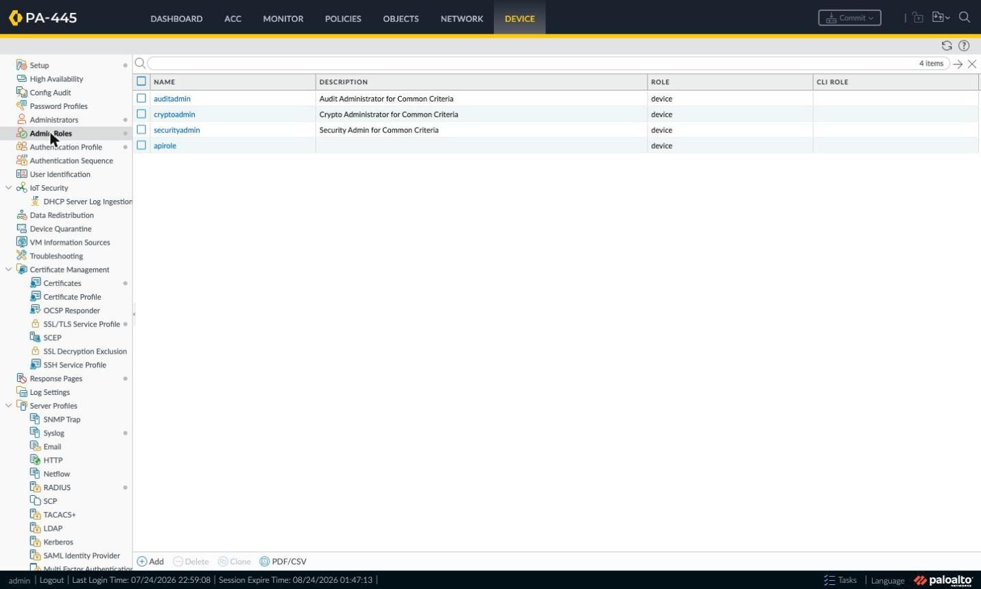 Device > Admin Roles page with the apirole profile created for the API