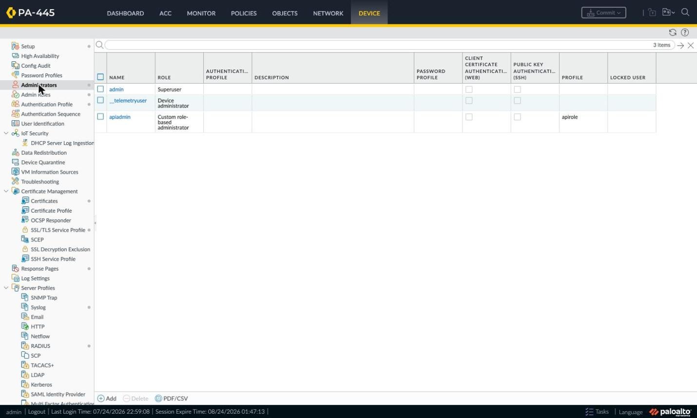 Device > Administrators page with the apiadmin account