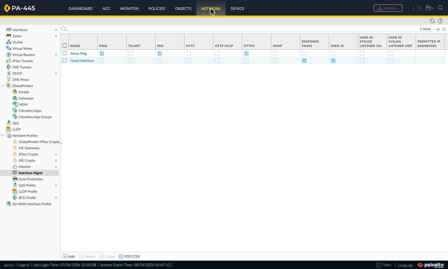Interface Mgmt profile list