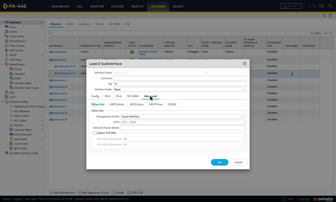 Layer3 Subinterface — Advanced tab and Management Profile