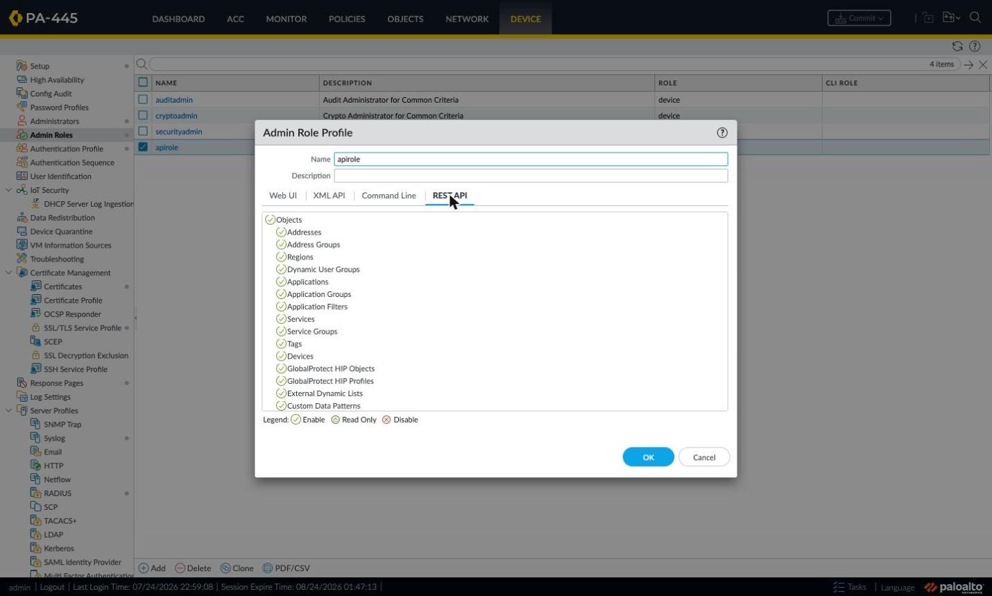 Admin Role Profile window, REST API tab with per-resource permissions