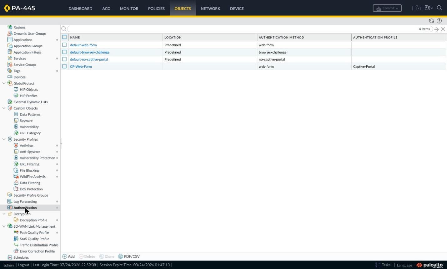 Objects > Authentication list