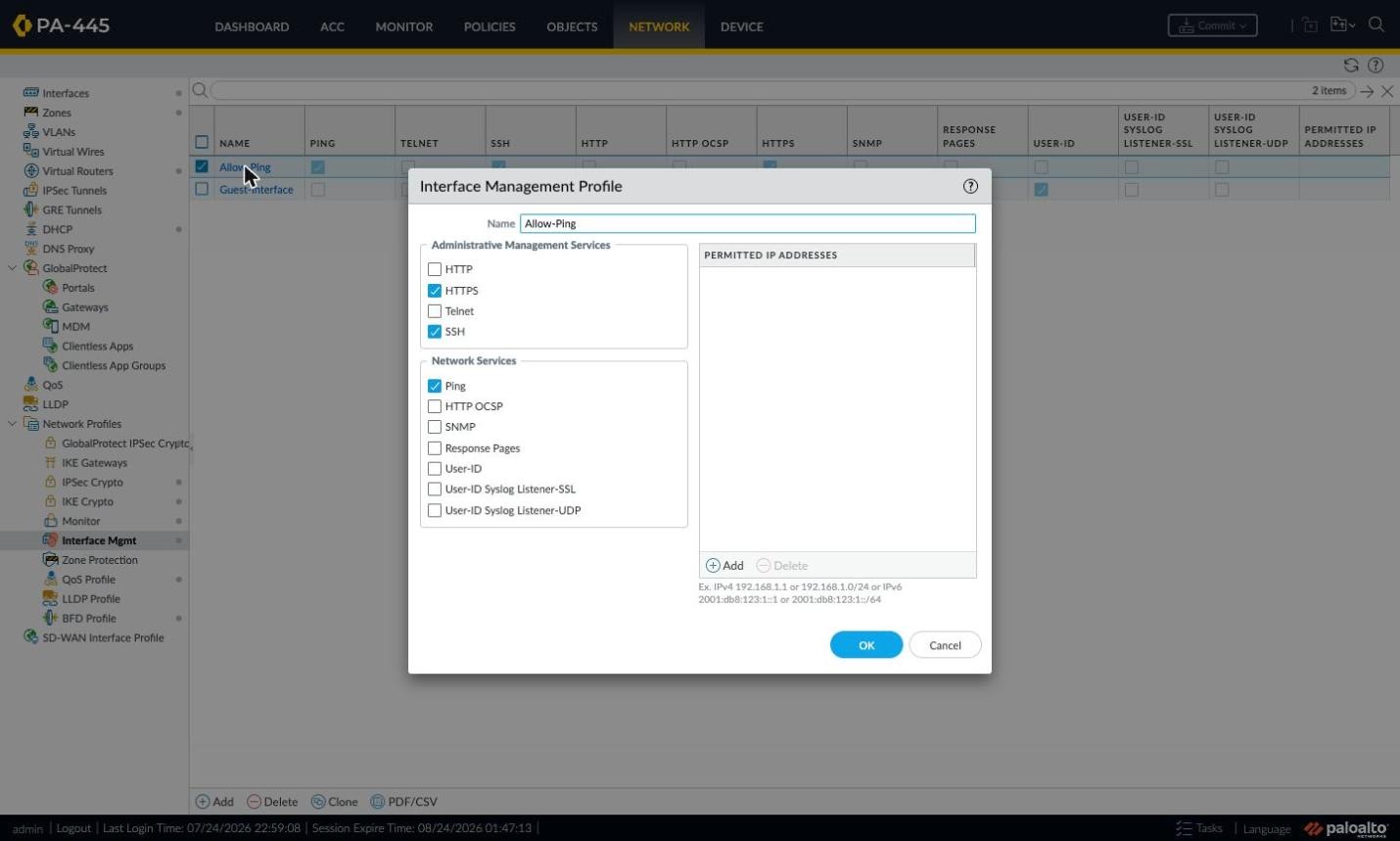 Interface Management Profile window with HTTPS enabled