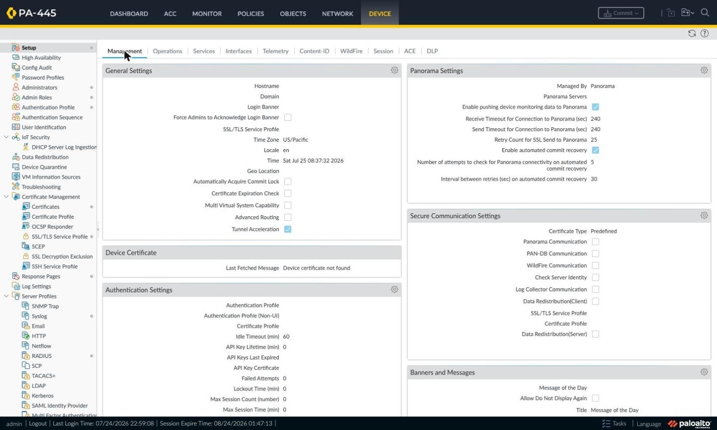 Device > Setup > Management page, Authentication Settings section