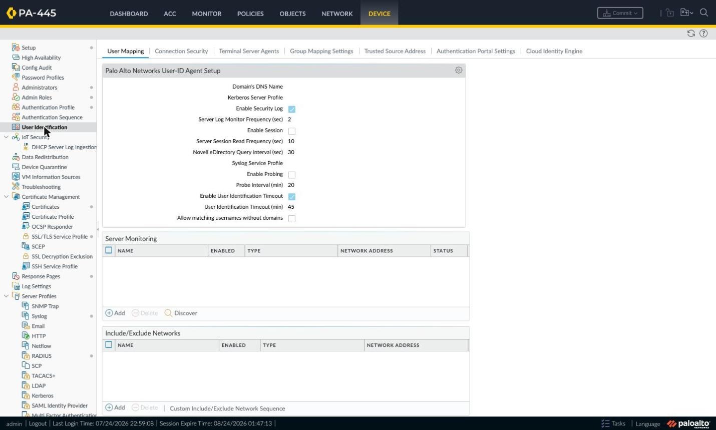 User Mapping tab with the User Identification Timeout value
