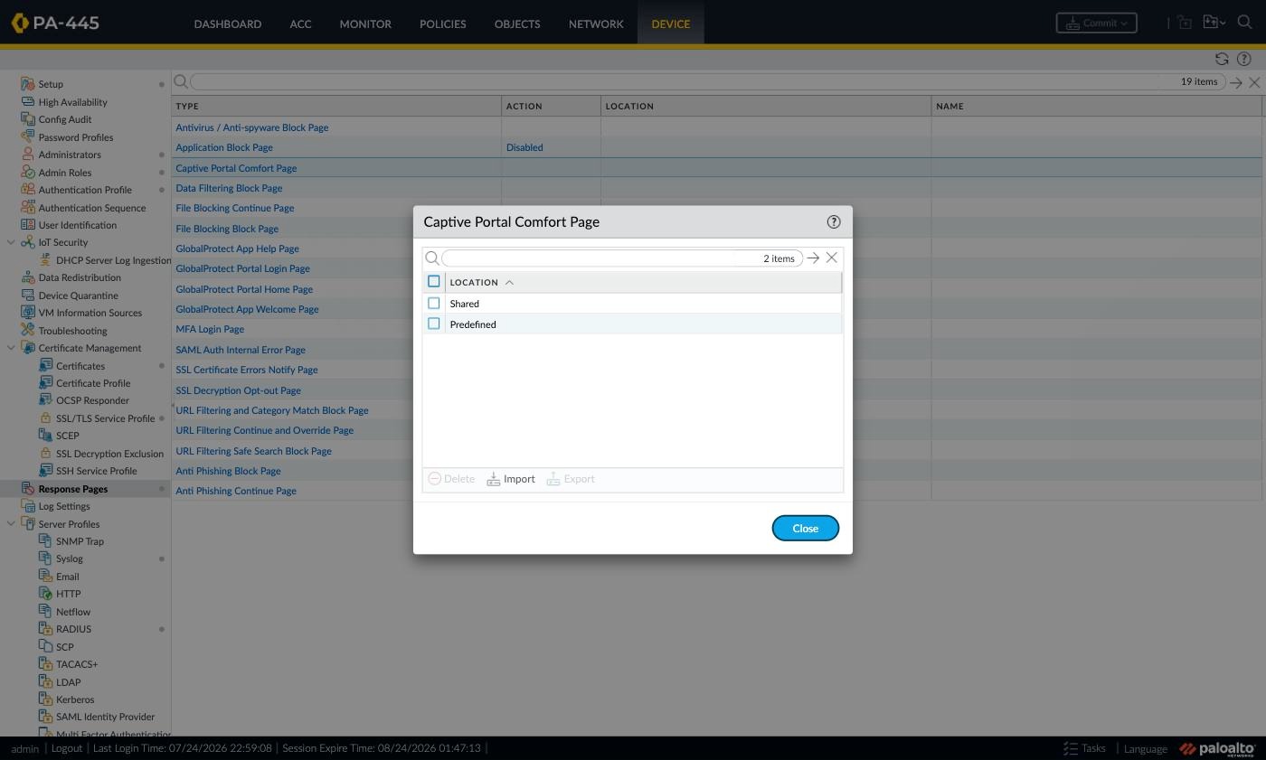 Captive Portal Comfort Page window with Shared and Predefined rows