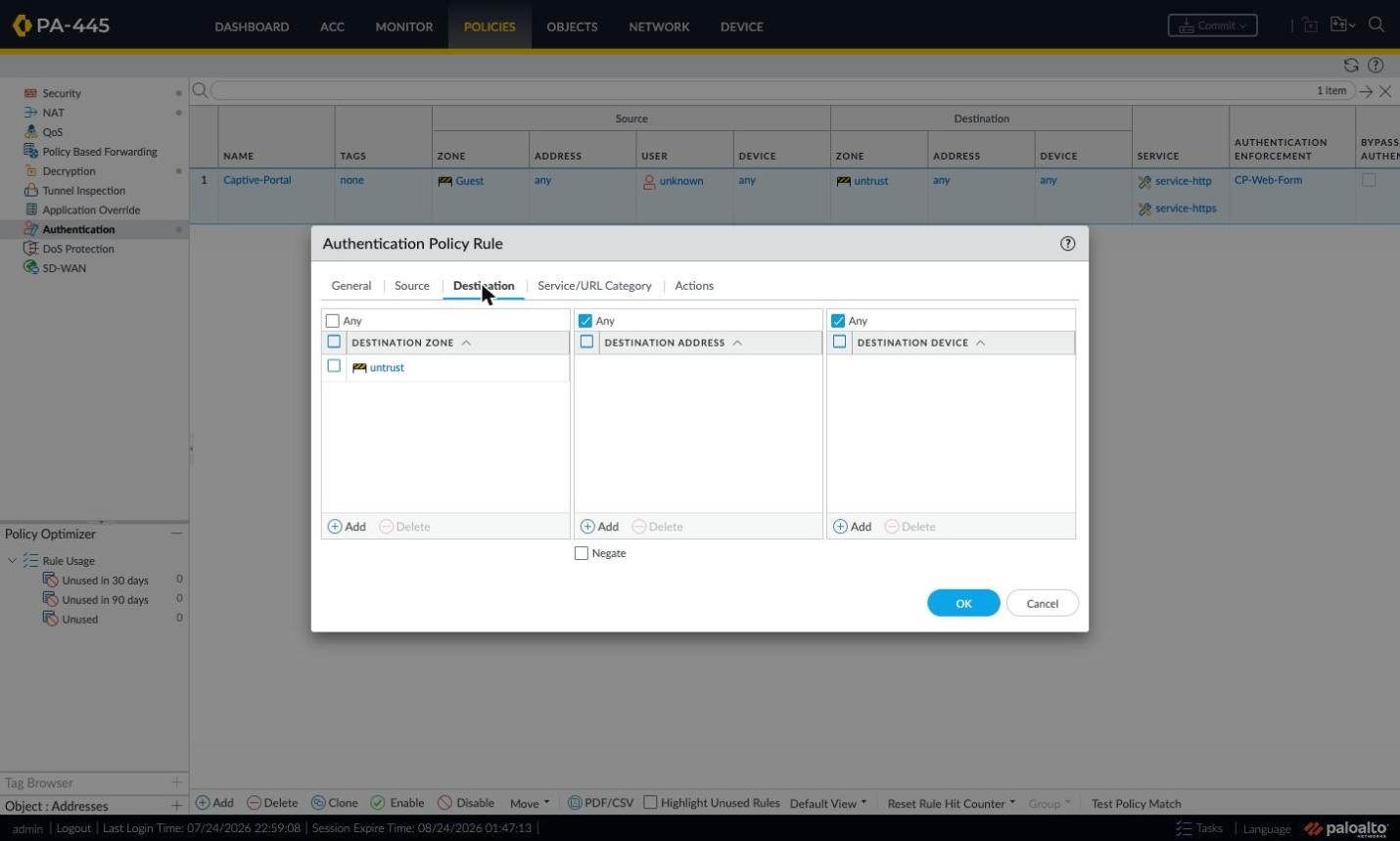 Authentication rule — Destination tab