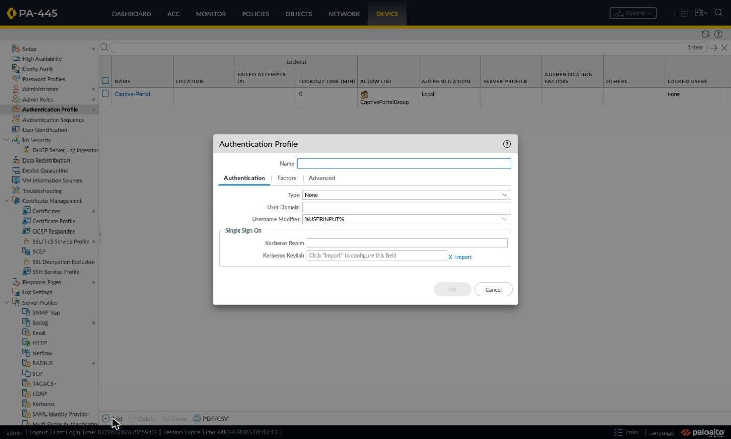 Empty Authentication Profile window