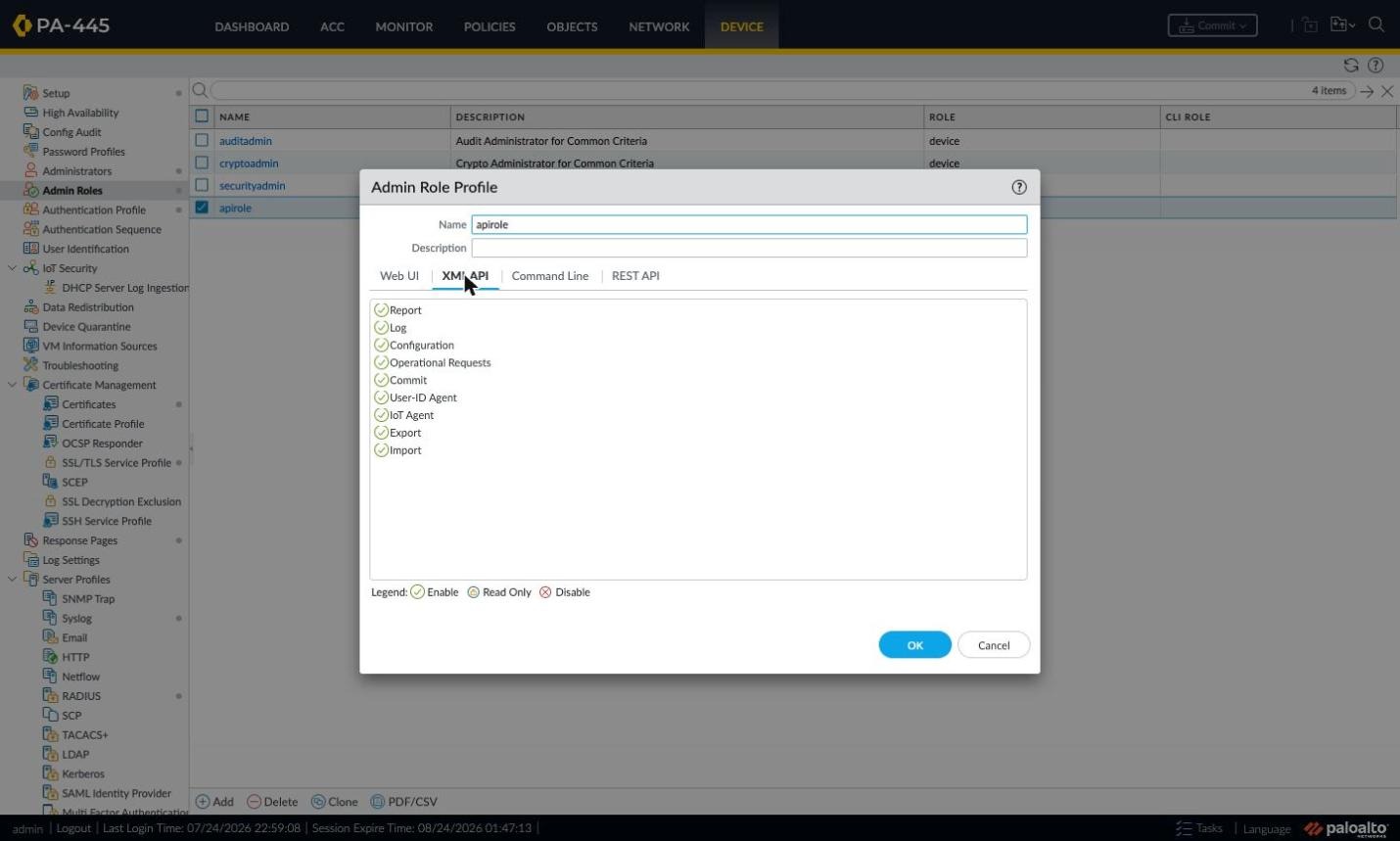Admin Role Profile window, XML API tab with per-category Enable/Disable