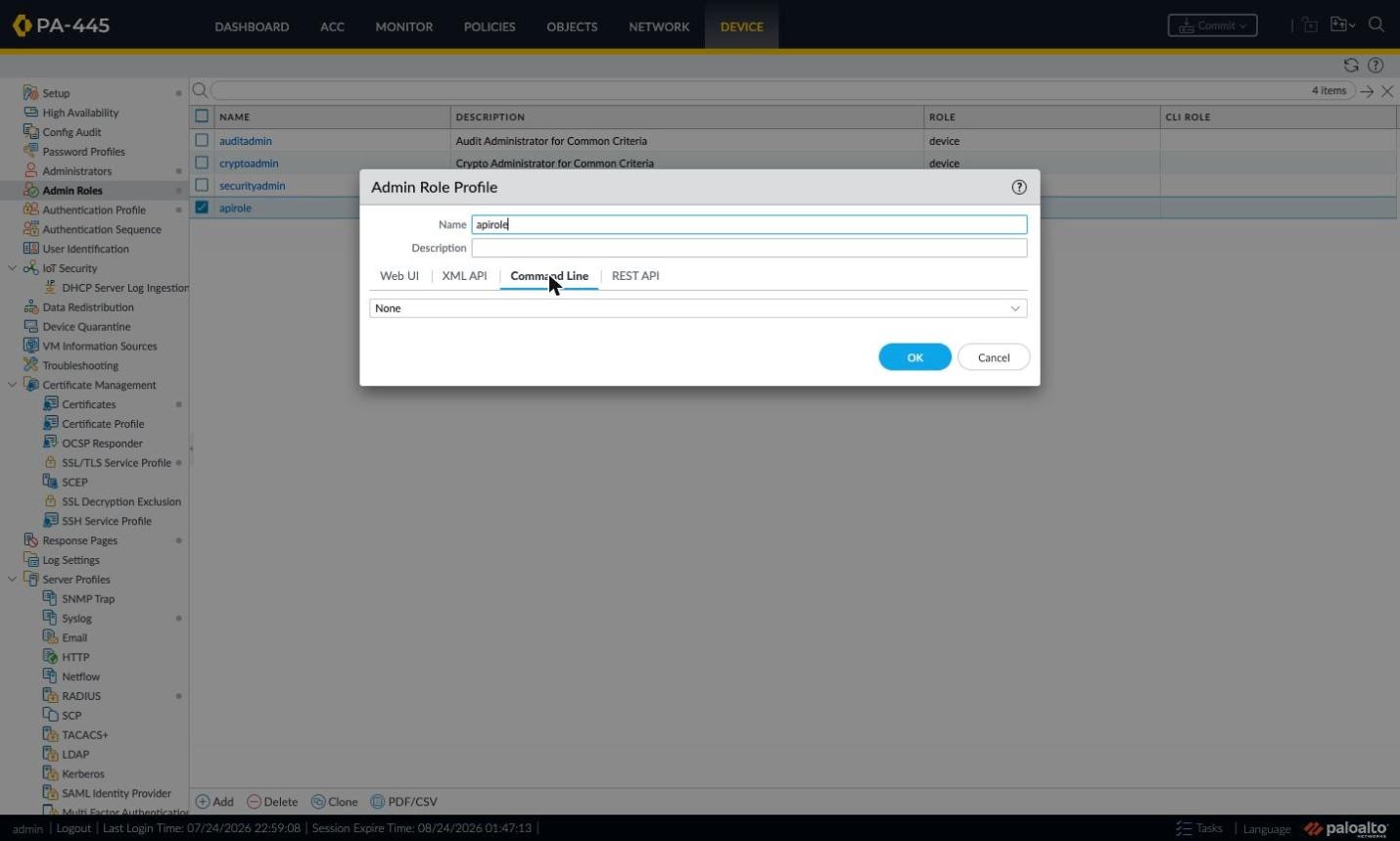 Admin Role Profile window, Command Line tab set to None