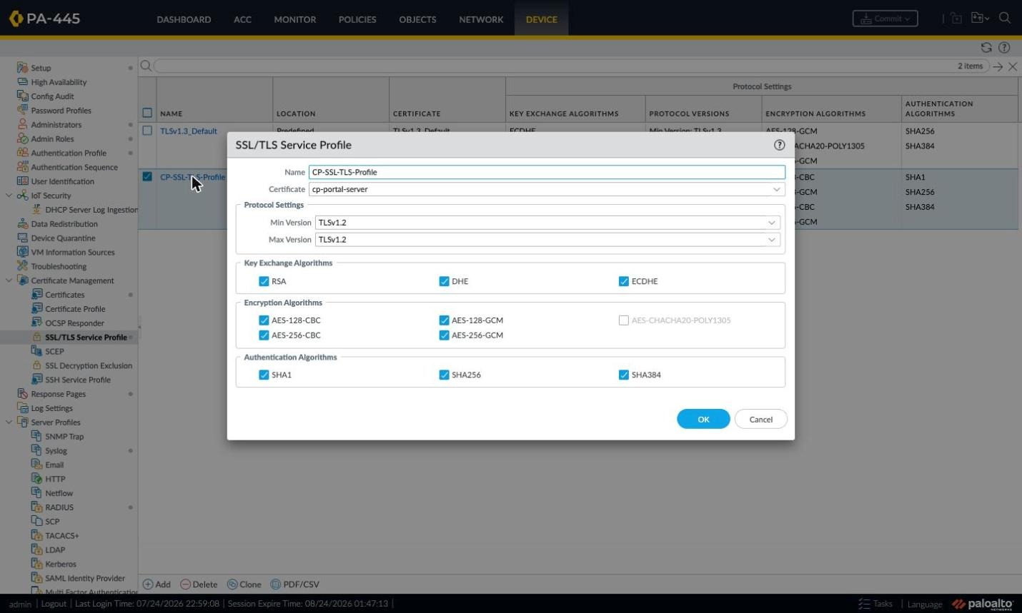 SSL/TLS Service Profile window