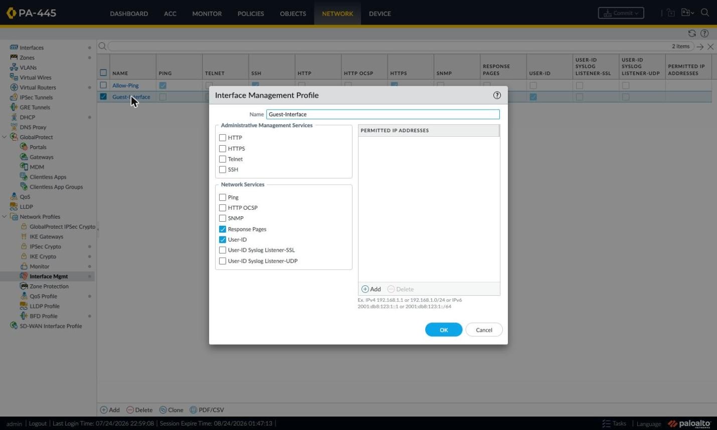 Interface Management Profile window