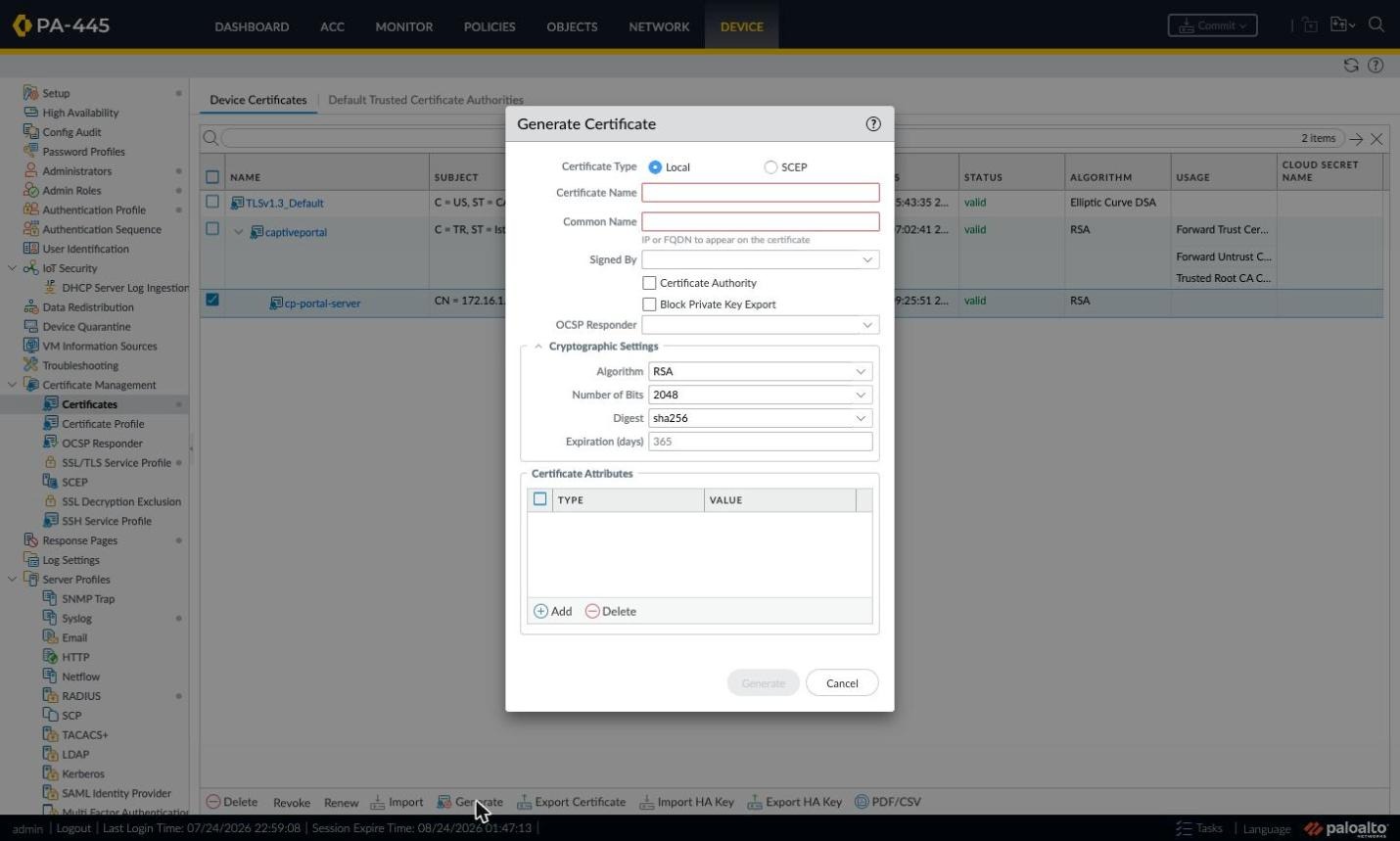 Empty Generate Certificate window