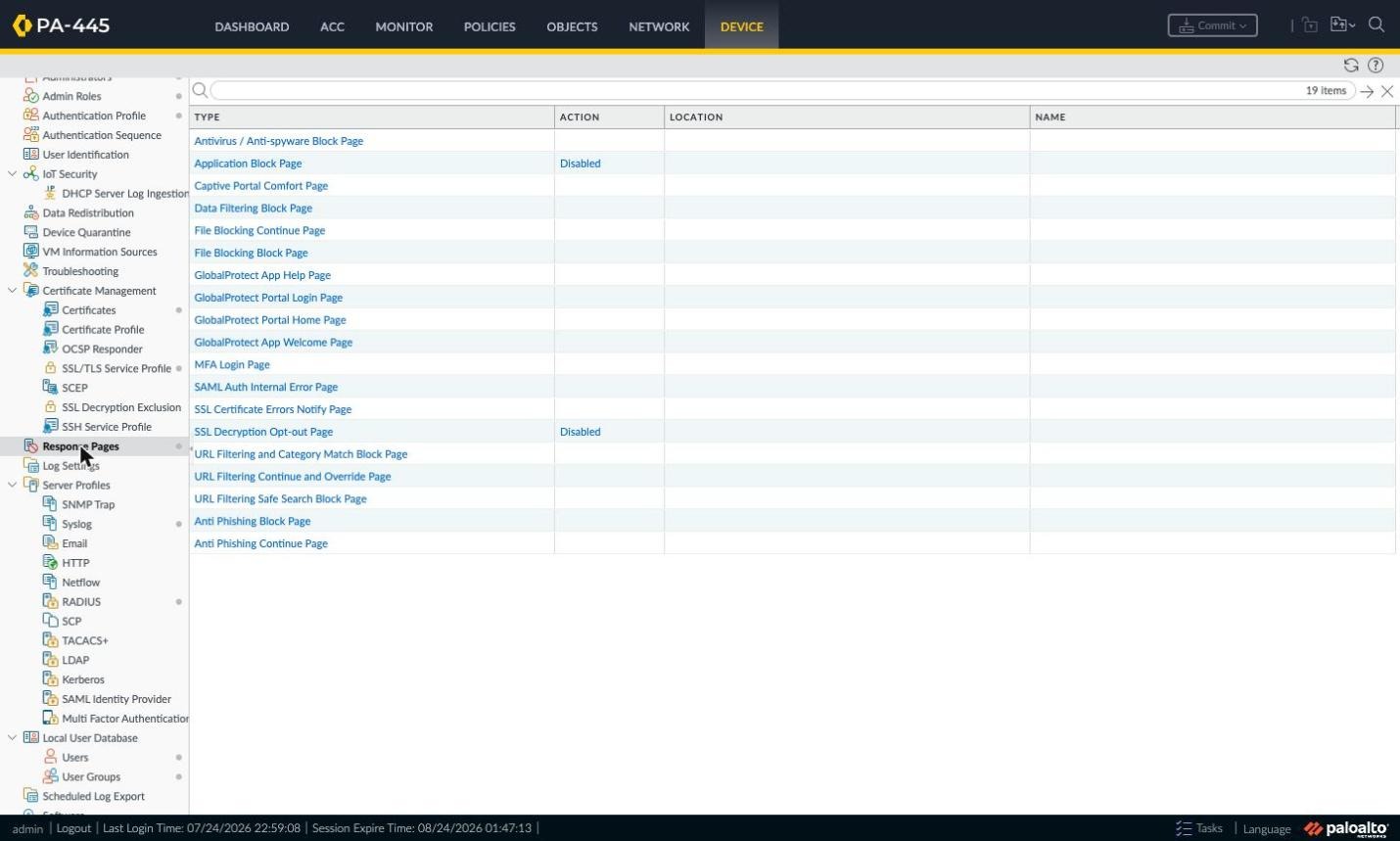Device > Response Pages list