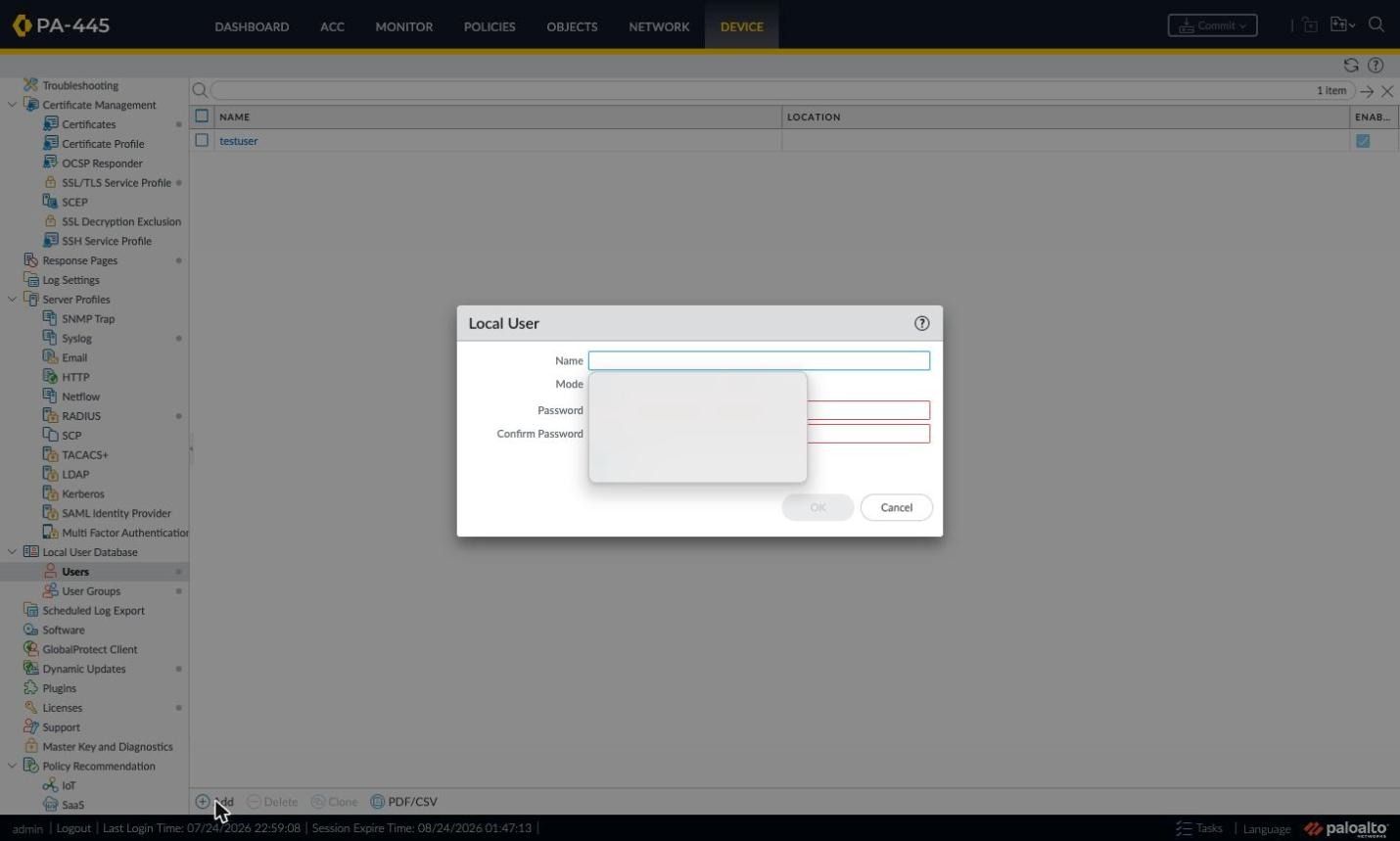 Local User window