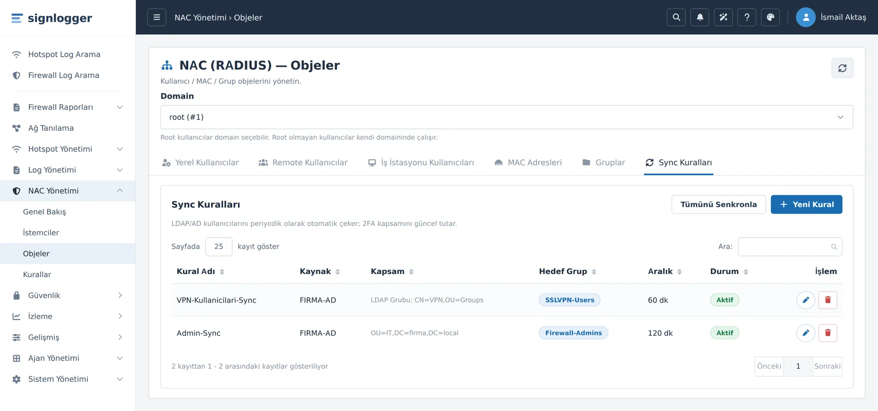 Figure 27. The Sync Rules tab. It periodically pulls directory users and assigns them to the target group.