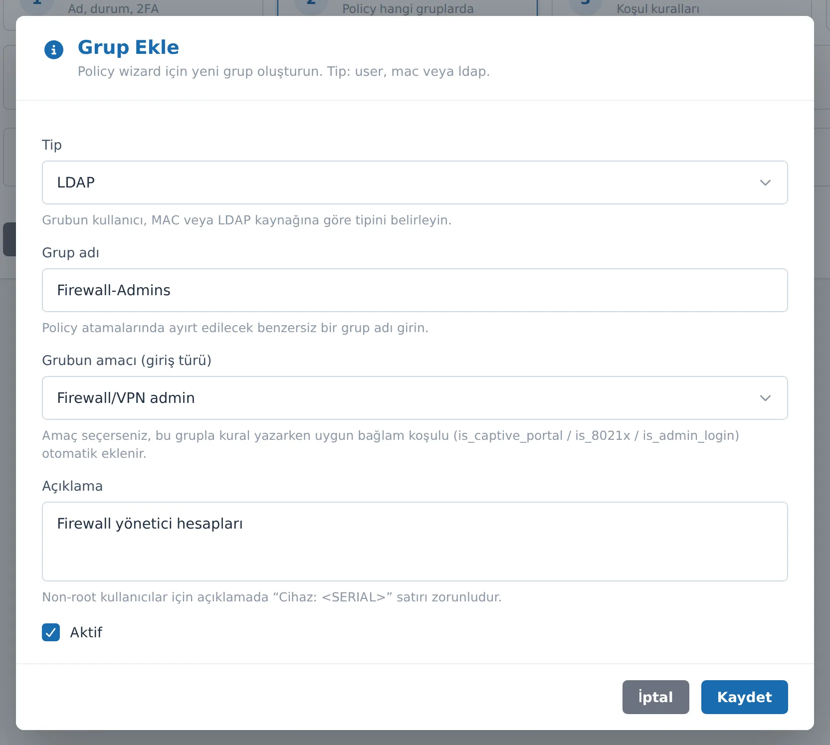 Figure 34. The Add Group window within the wizard. The "Group purpose" selection automatically adds the context condition in Step 3.