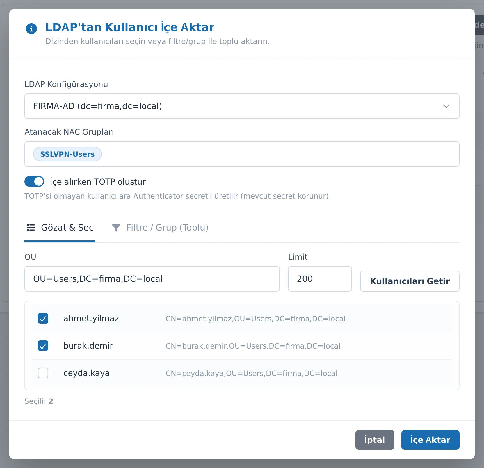 Figure 20. The Import Users from LDAP window. The "Generate TOTP on import" option speeds up enrollment.