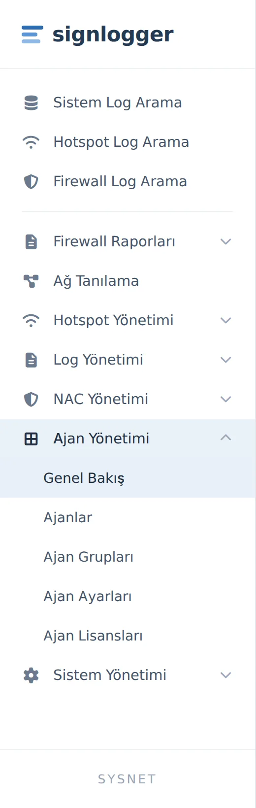 Figure 5. The Agent Management heading and its five sub-pages in the left menu.