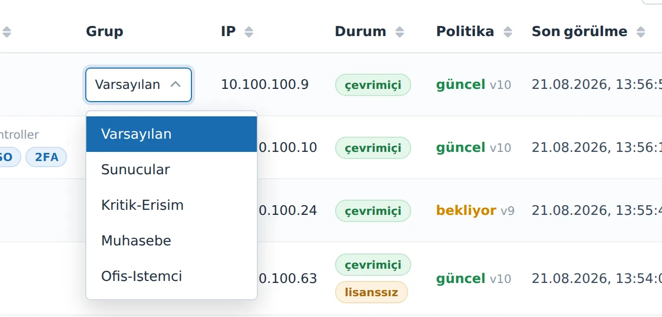 Figure 11. The drop-down list in the Group column. It is saved the moment a selection is made.