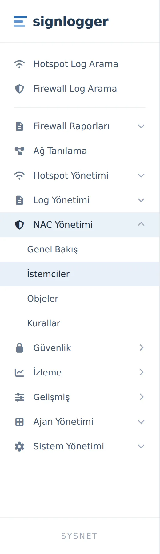 Figure 1. NAC Management menu: Clients, Objects, Rules, Security → 2FA Configuration, and Monitoring → Sign-in Logs