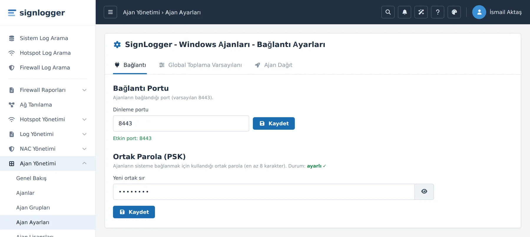 Figure 23. Agent Settings — Connection tab: the Connection Port and Pre-Shared Key (PSK) sections.