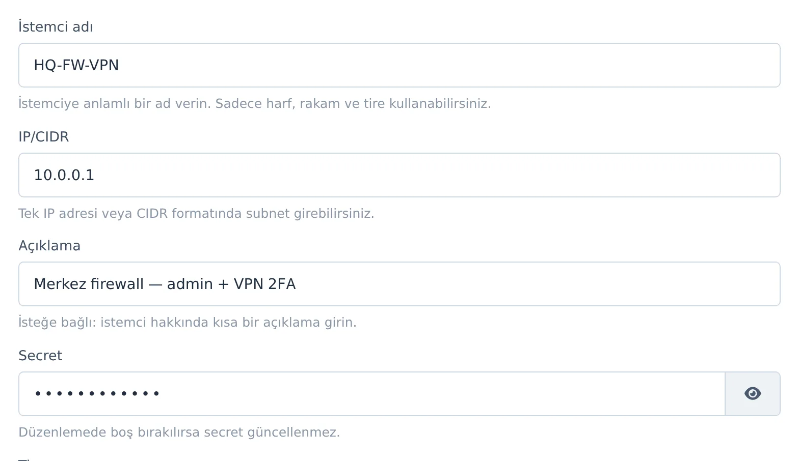 Figure 8. The upper part of the Client - Add window: name, IP/CIDR, description, and shared secret.