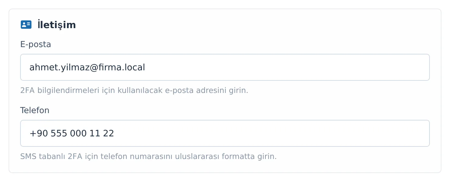 Figure 22. 2FA Settings — Contact section. A phone is needed for SMS 2FA, and an e-mail for the QR e-mail.