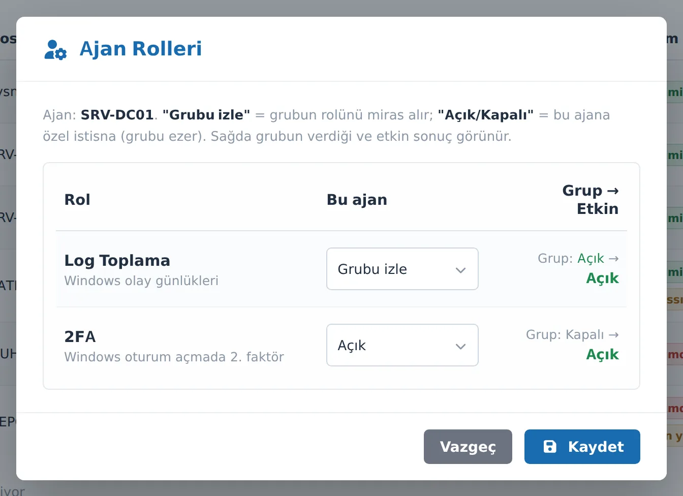 Figure 15. The Agent Roles window: a "Follow group / On / Off" selection for each role and a "Group → Effective" summary on the right.