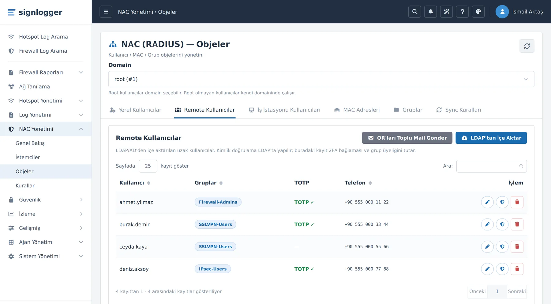 Figure 21. The Remote Users list. The TOTP ✓ mark shows that the user's Authenticator enrollment is ready.