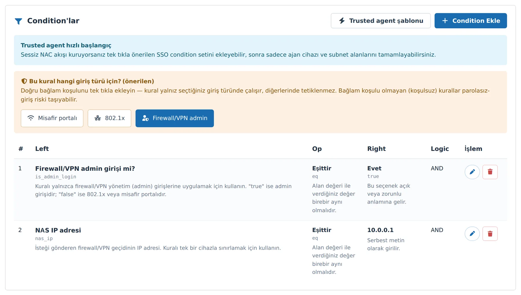 Figure 36. Step 3 — added conditions. Each row is shown together with help text explaining what the field checks