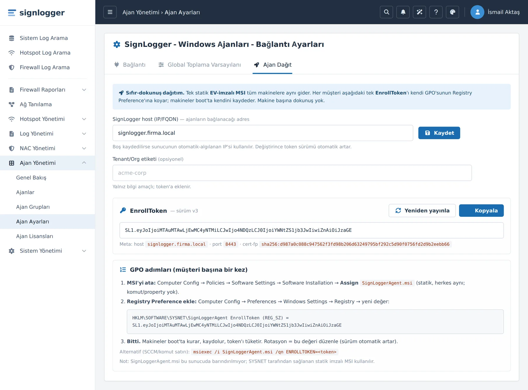 Figure 26. The Deploy Agent tab: host address, tenant label, EnrollToken, and GPO steps.